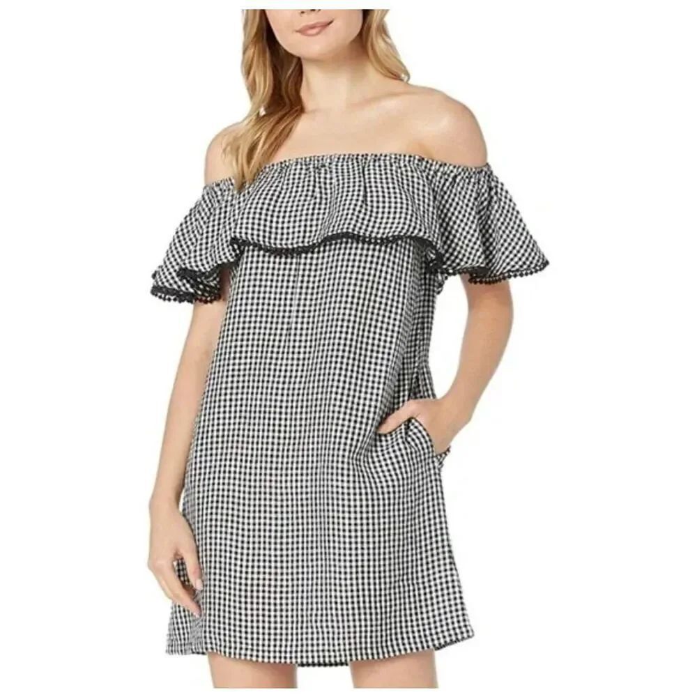 Tommy Bahama Womens Gingham Linen Blend Off The Shoulder Dress size S